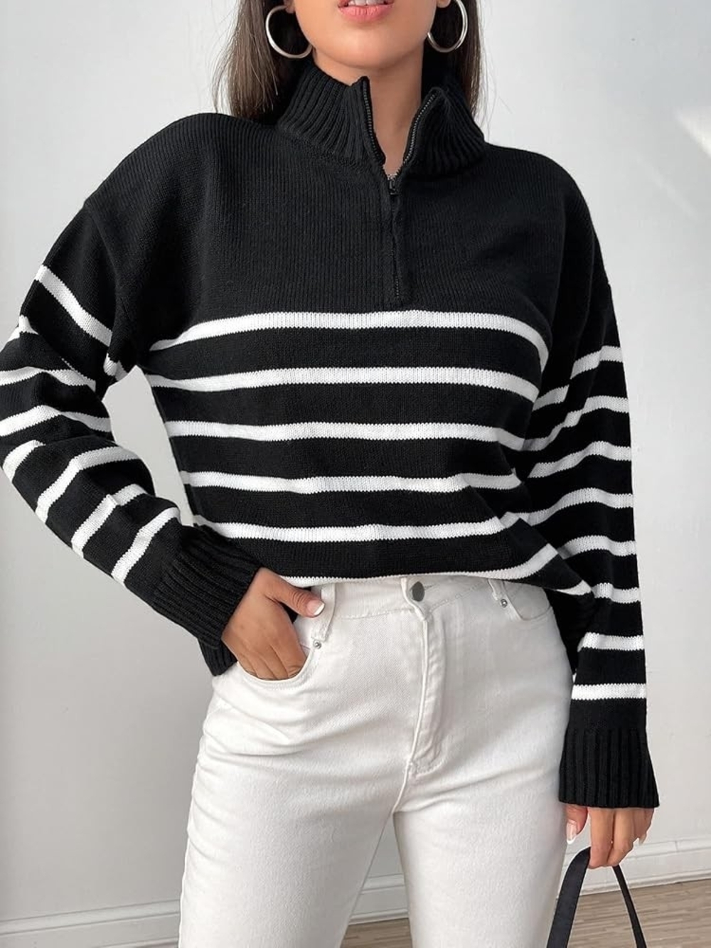 DKNY women's mock-neck cropped Sweater black/white striped 1/4 zip Cozy Winter